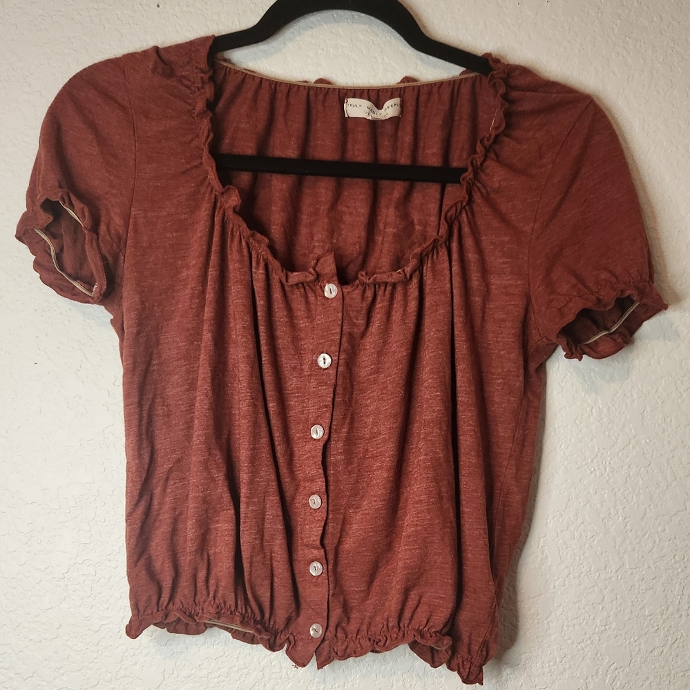 UO Truly Madly Deeply Button-Up Crop Top with Elasticated Sleeves and Bottom, S